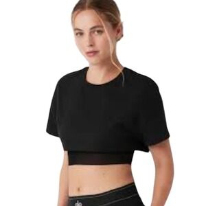 Alo Yoga Made You Look Crop Top Black Short Sleeve Mesh Layered Tee Womens Large